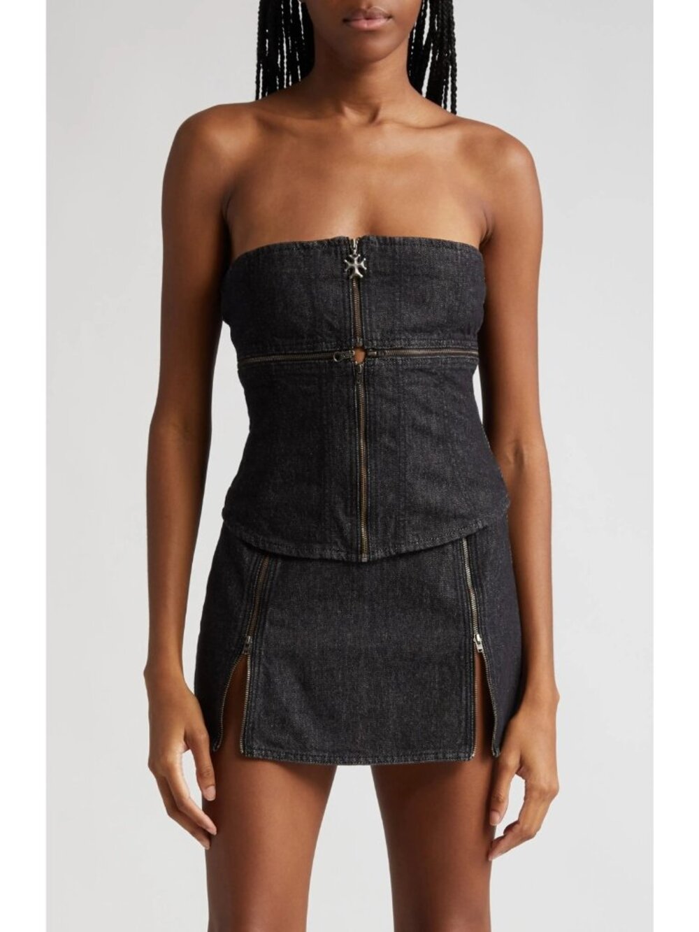 Miaou Black Denim Strapless Zip-Front Crop Top